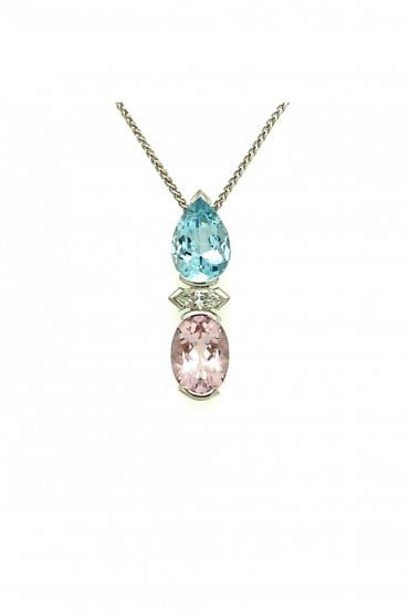 18ct White Gold Morganite & Aquamarine Pendant 18ct White Gold Chain