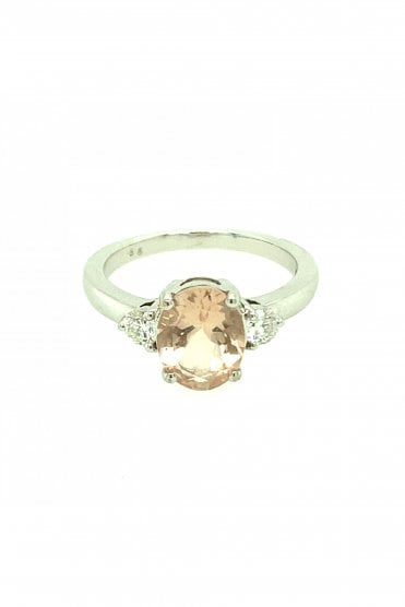 18ct White Gold Morganite & Diamond 3 Stone Ring Morganite Weight 1.71ct Oval Cut