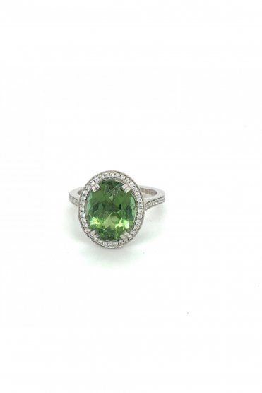 18ct White Gold Oval 4.82ct Peridot & Diamond Shoulder Ring
