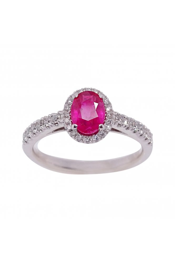 18ct White Gold Oval Ruby & Diamond Ring Diamond Halo and Shoulders