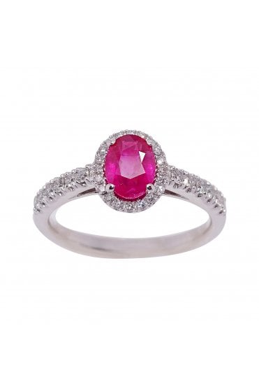 18ct White Gold Oval Ruby & Diamond Ring Diamond Halo and Shoulders