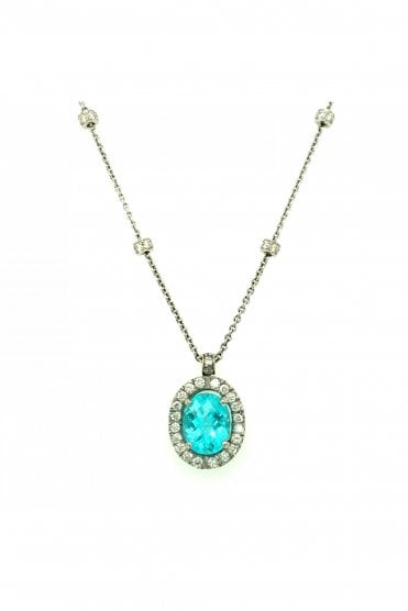 18ct White Gold Paraiba Tourmaline Diamond Pendant Chain Length 18 Inches