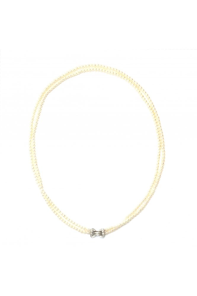 18ct White Gold Pearl & Diamond Antique Style Necklace Double Strand with Bow Clasp