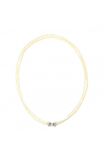 18ct White Gold Pearl & Diamond Antique Style Necklace Double Strand with Bow Clasp