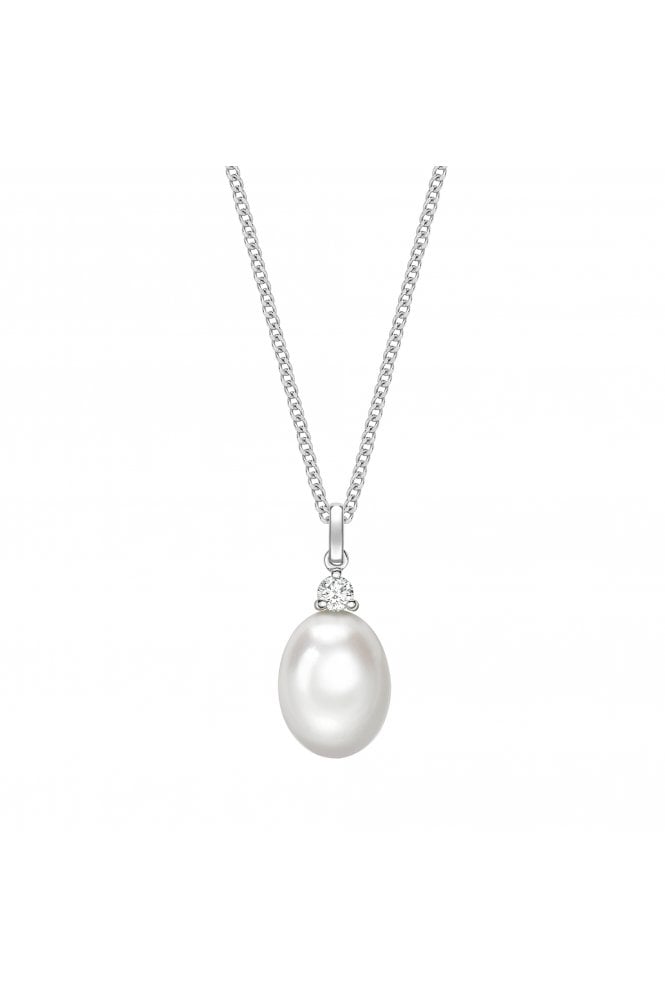 18ct White Gold Pearl & Diamond Pendant on Chain Diamond 18ct White Gold Claw Set