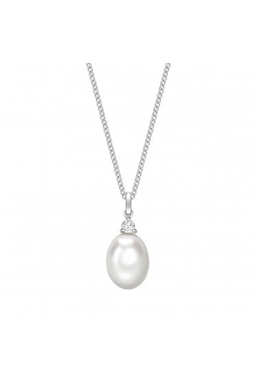 18ct White Gold Pearl & Diamond Pendant on Chain Diamond 18ct White Gold Claw Set