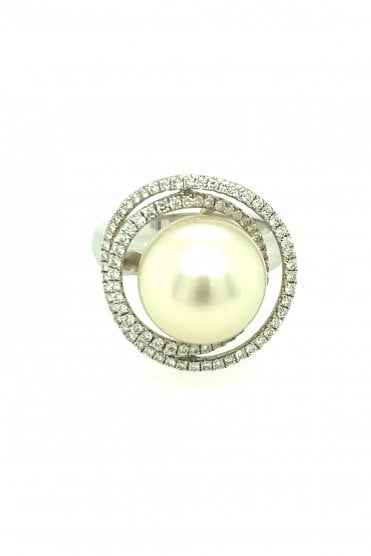 18ct White Gold Pearl & Diamond Swirl Ring Pearl Colour White 12mm