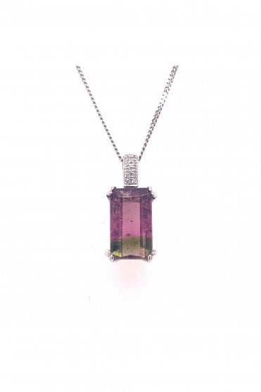  18ct White Gold Pink Fading into Green Tourmaline Pendant with Double Diamond Bail
