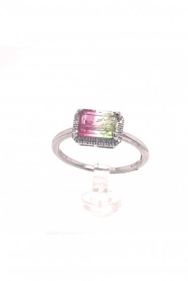 18ct White Gold Pink Fading into Green Tourmaline  Stone & Diamond Set Halo Ring