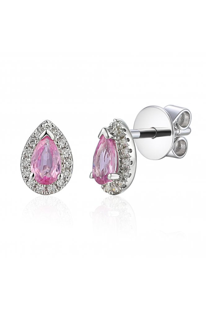 18ct White Gold Pink Sapphire & Diamond Halo Stud Earrings 18ct White Gold Claw Set
