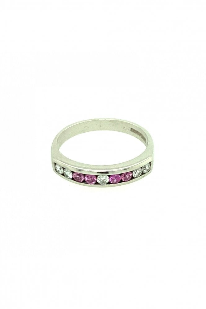 18ct White Gold Pink Sapphire & Diamond Ring Channel Set Round Brilliant Cut