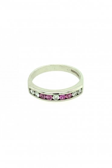 18ct White Gold Pink Sapphire & Diamond Ring Channel Set Round Brilliant Cut