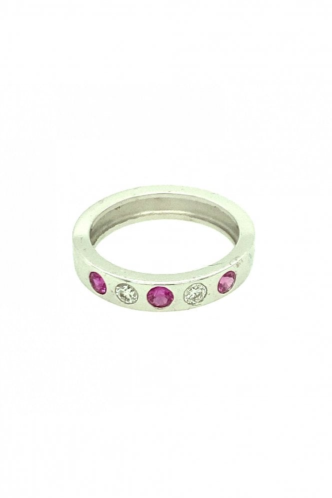 18ct White Gold Pink Sapphire & Diamond Ring Rubover Set Round Brilliant Cut