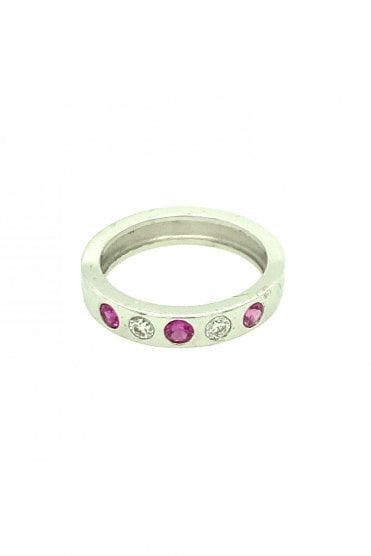 18ct White Gold Pink Sapphire & Diamond Ring Rubover Set Round Brilliant Cut