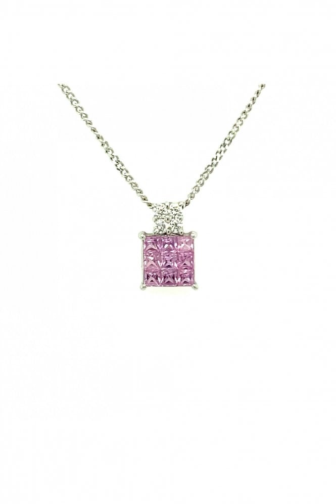 18ct White Gold Pink Sapphire & Diamond Square Pendant