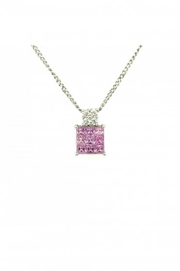18ct White Gold Pink Sapphire & Diamond Square Pendant