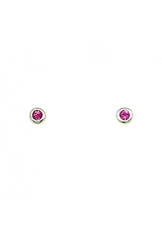 18ct White Gold Pink Sapphire Studs Earring 18ct White Gold Rubover Set