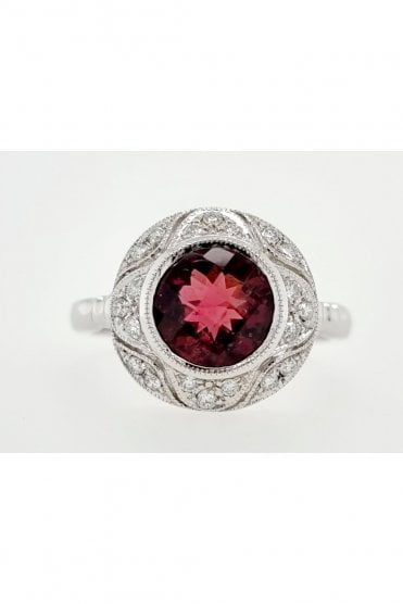 18ct White Gold Pink Tourmaline & Diamond Cluster Ring 18ct White Gold Rub Over Set