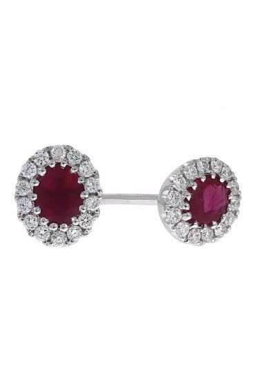 18ct White Gold Ruby and Diamond Oval Cluster Earrings 18ct White Gold Claw Set