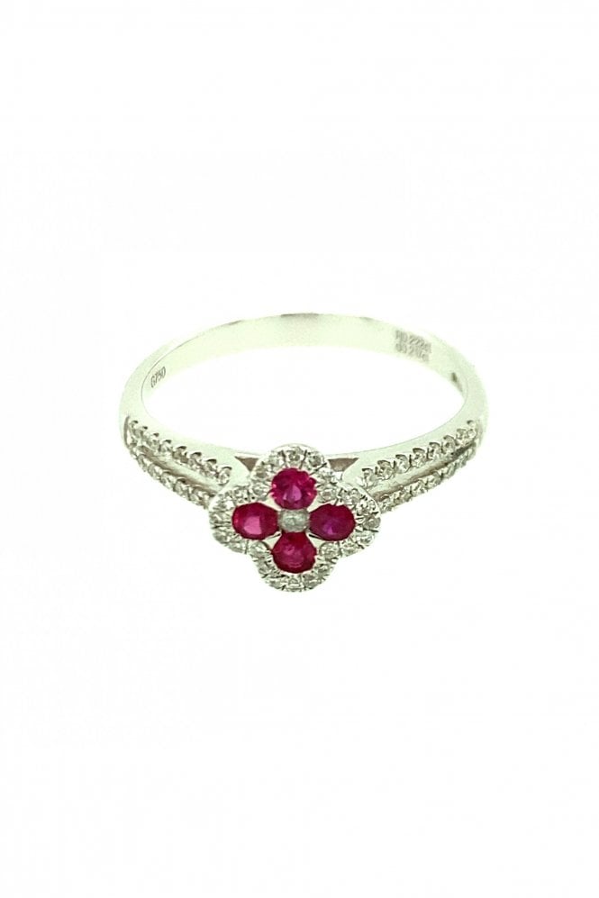 18ct White Gold Ruby & Diamond Fancy Ring Pavé Set Round Brilliant