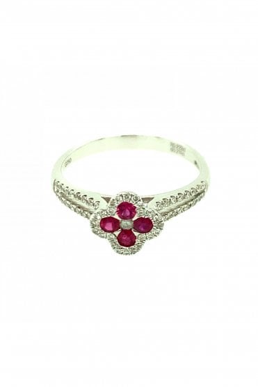 18ct White Gold Ruby & Diamond Fancy Ring Pavé Set Round Brilliant