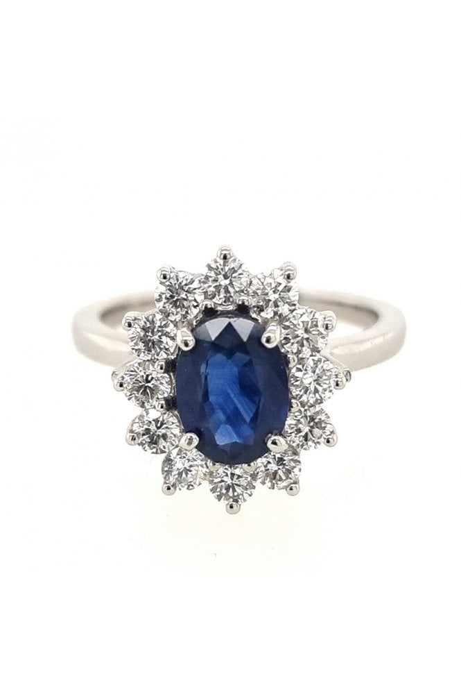 18ct White Gold Sapphire and Diamond Oval Cluster Ring 18ct White Gold Claw Set