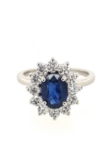 18ct White Gold Sapphire and Diamond Oval Cluster Ring 18ct White Gold Claw Set