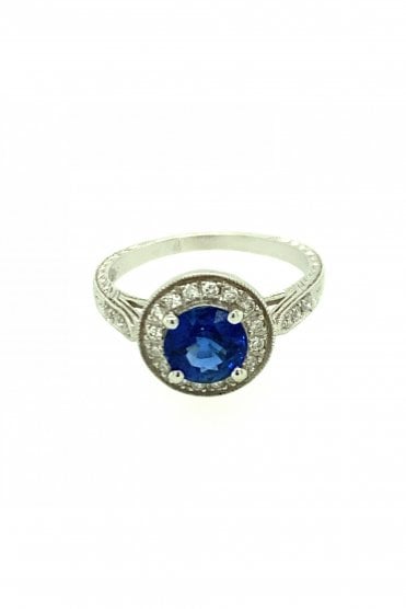 18ct White Gold Sapphire Diamond Halo Ring Engraving on Shoulders