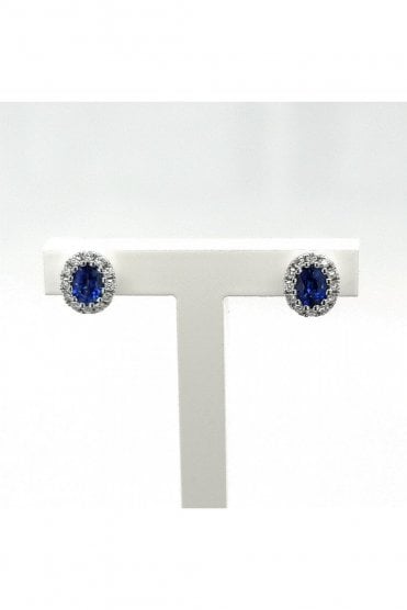 18ct White Gold Sapphire & Diamond Halo Stud Earrings 18ct White Gold Claw Set