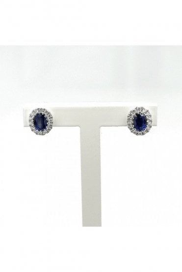18ct White Gold Sapphire & Diamond Halo Stud Earrings 18ct White Gold Claw Set