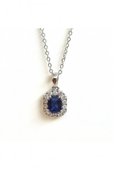 18ct White Gold Sapphire & Diamond Pendant on Chain Sapphire 18ct White Gold Claw Set