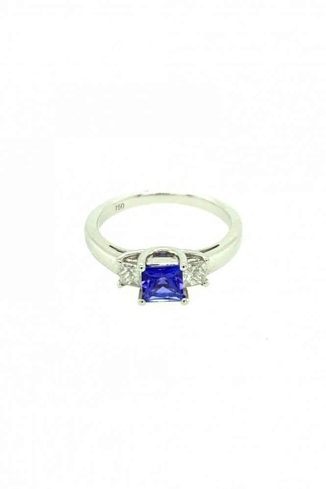 18ct White Gold Tanzanite & Diamond Ring Claw Set Princess Cut