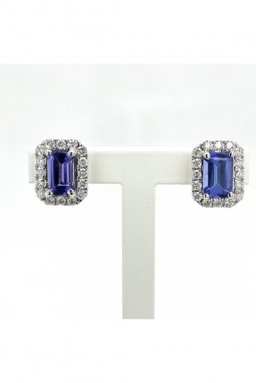 18ct White Gold Tanzanite & Diamond Stud Earrings  18ct White Gold Posts & Butterflies