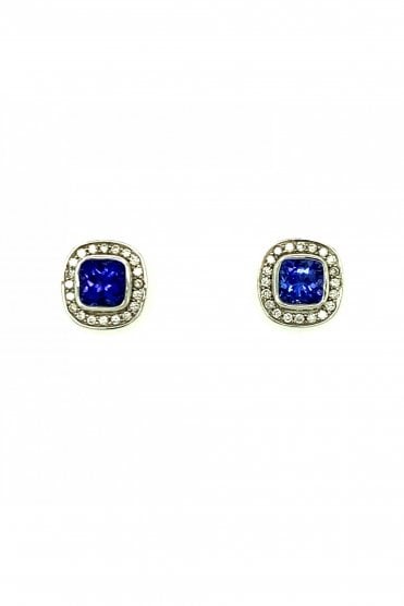 18ct White Gold Tanzanite Diamond Stud Earrings Rubbed Over Set 1.50ct Cushion Cut Tanzanite