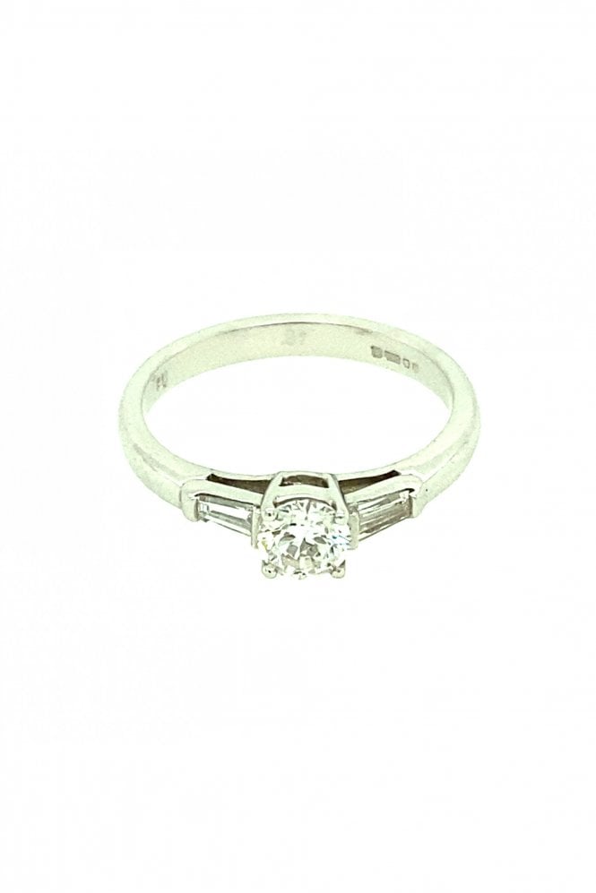 18ct White Gold Three Stone Diamond Ring Centre Round Brilliant Side Tapered Baguettes