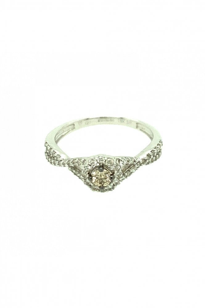 18ct White Gold Truffle Diamond Crossover Ring Claw Set Halo Round Brilliant