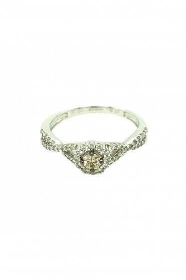 18ct White Gold Truffle Diamond Crossover Ring Claw Set Halo Round Brilliant