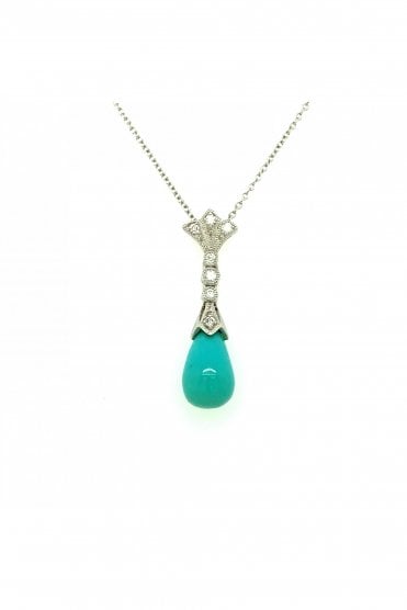18ct White Gold Turquoise & Diamond Drop Pendant On 18ct White Gold Trace Chain