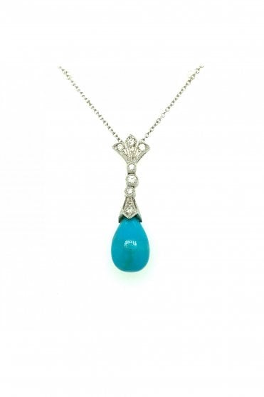 18ct White Gold Turquoise & Diamond Drop Pendant On 18ct White Gold Trace Chain