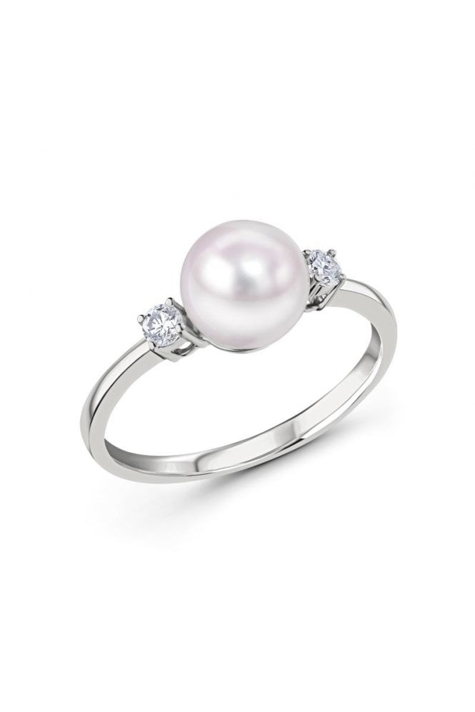 18ct White Gold White Akoya Pearl & Diamond Ring Diamond Cut Round Brilliant 0.12ct