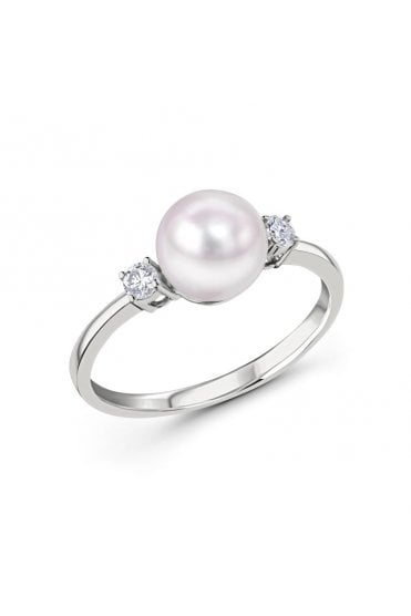 18ct White Gold White Akoya Pearl & Diamond Ring Diamond Cut Round Brilliant 0.12ct