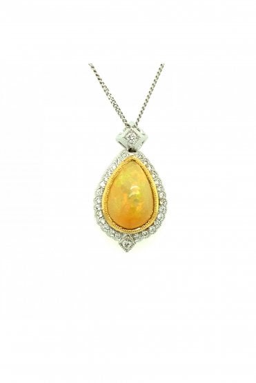18ct White & Yellow Gold Opal & Diamond Pendant 18ct White Gold Chain