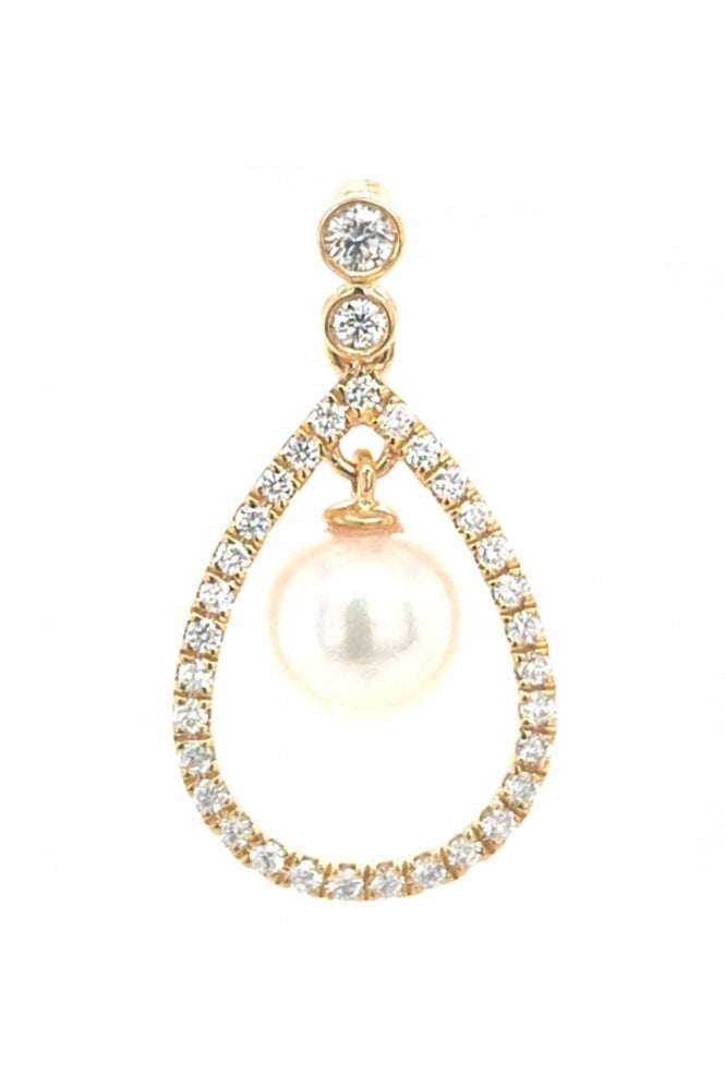 18ct Yellow Gold Akoya Pearl & Diamond Tear Shaped Pendant