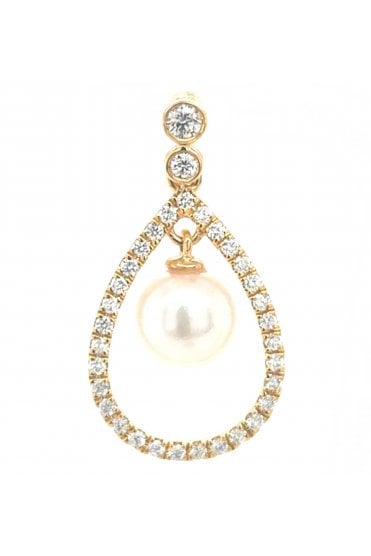 18ct Yellow Gold Akoya Pearl & Diamond Tear Shaped Pendant