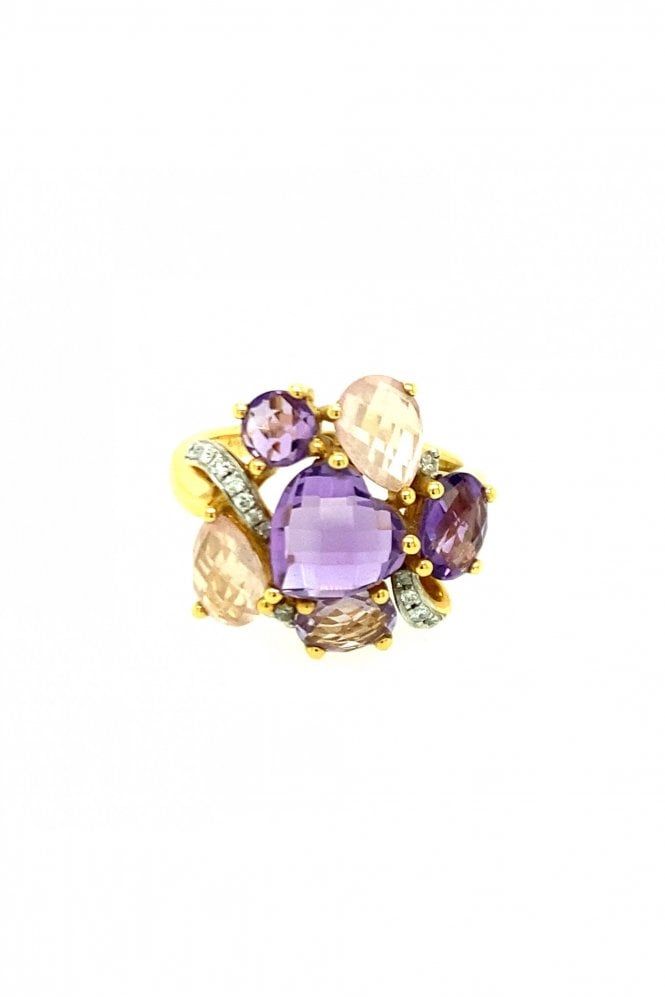 18ct Yellow Gold Amethyst & Diamond Fancy Ring Amethyst Cut Round Brilliant, Oval, Heart & Pear