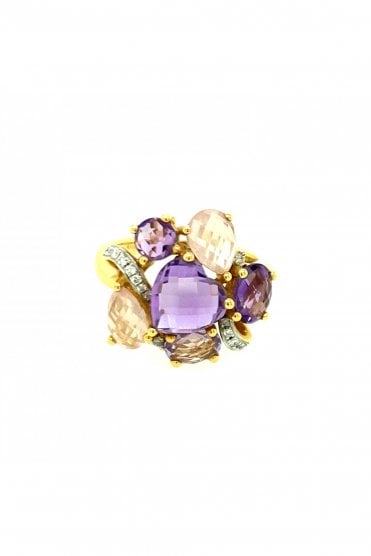 18ct Yellow Gold Amethyst & Diamond Fancy Ring Amethyst Cut Round Brilliant, Oval, Heart & Pear