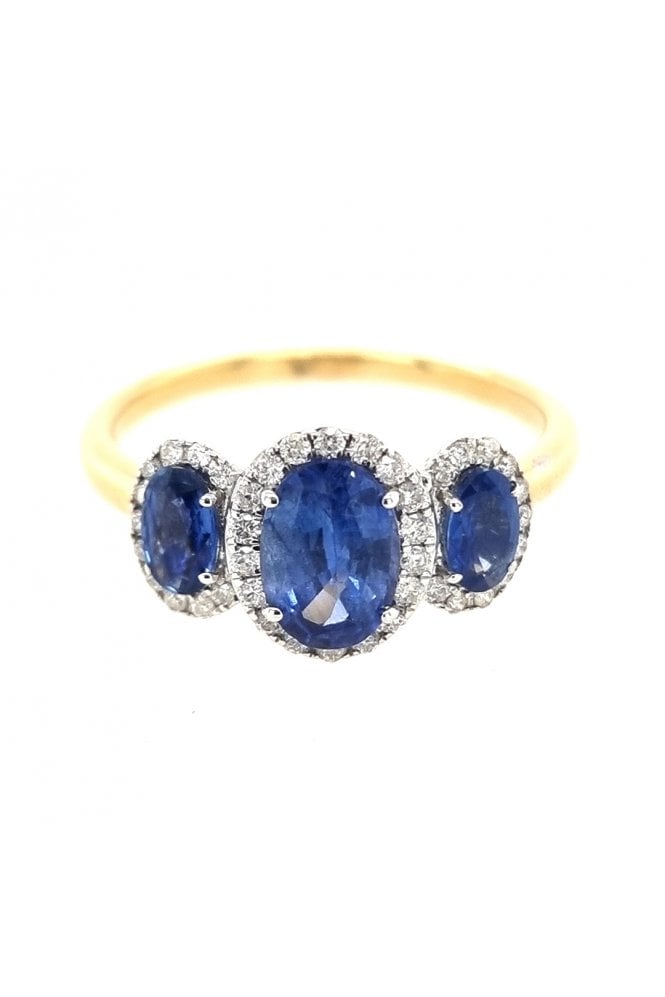 18ct Yellow Gold Blue Sapphire and Diamond Cluster Ring  Sapphire Cut Oval