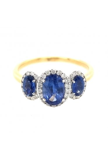 18ct Yellow Gold Blue Sapphire and Diamond Cluster Ring  Sapphire Cut Oval