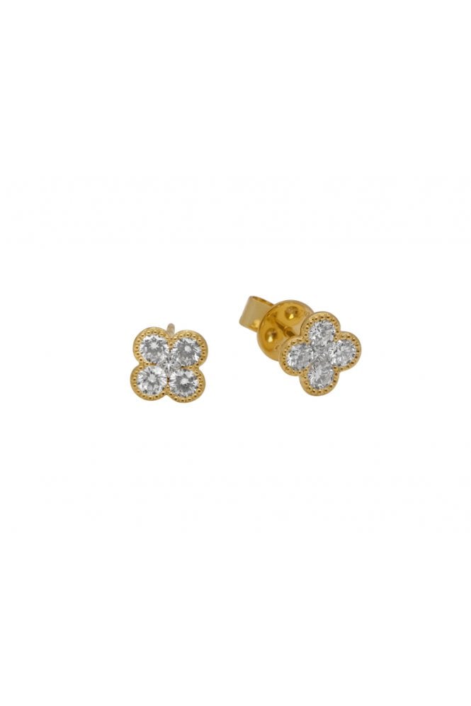 18ct Yellow Gold Diamond Clover Stud Earrings 18ct Yellow Gold Millgrain Set