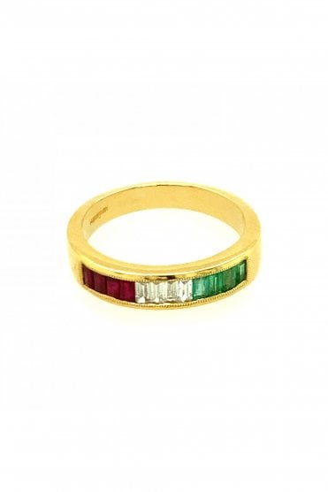 18ct Yellow Gold Diamond, Emerald & Ruby Half Eternity Ring Channel Set Baguette Cut